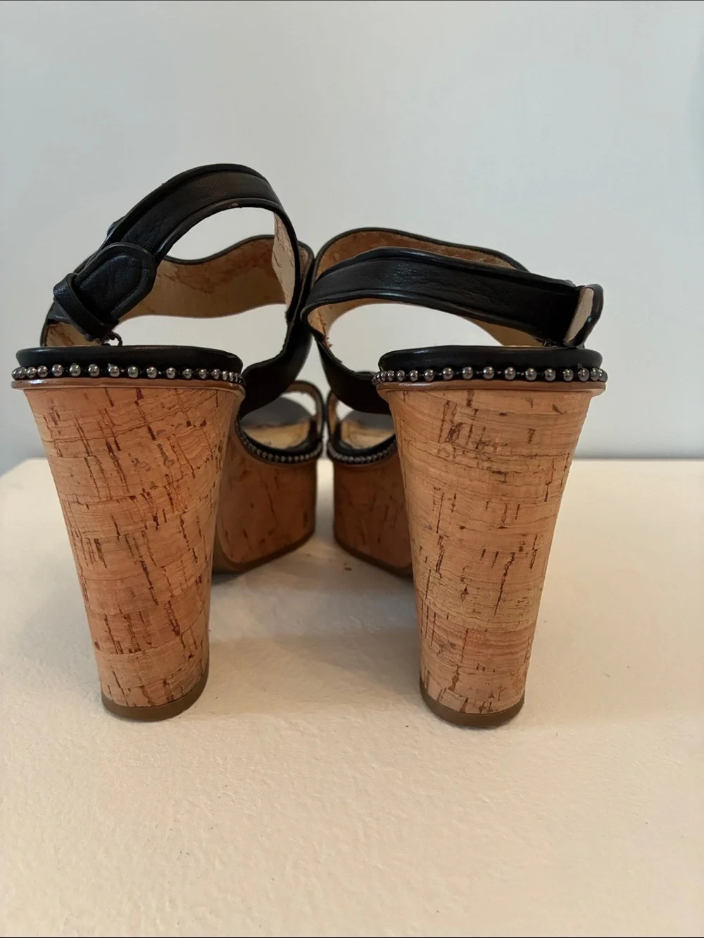 Coach Black Leather Cork Platform Sandals with Stud Trim Size 7.5